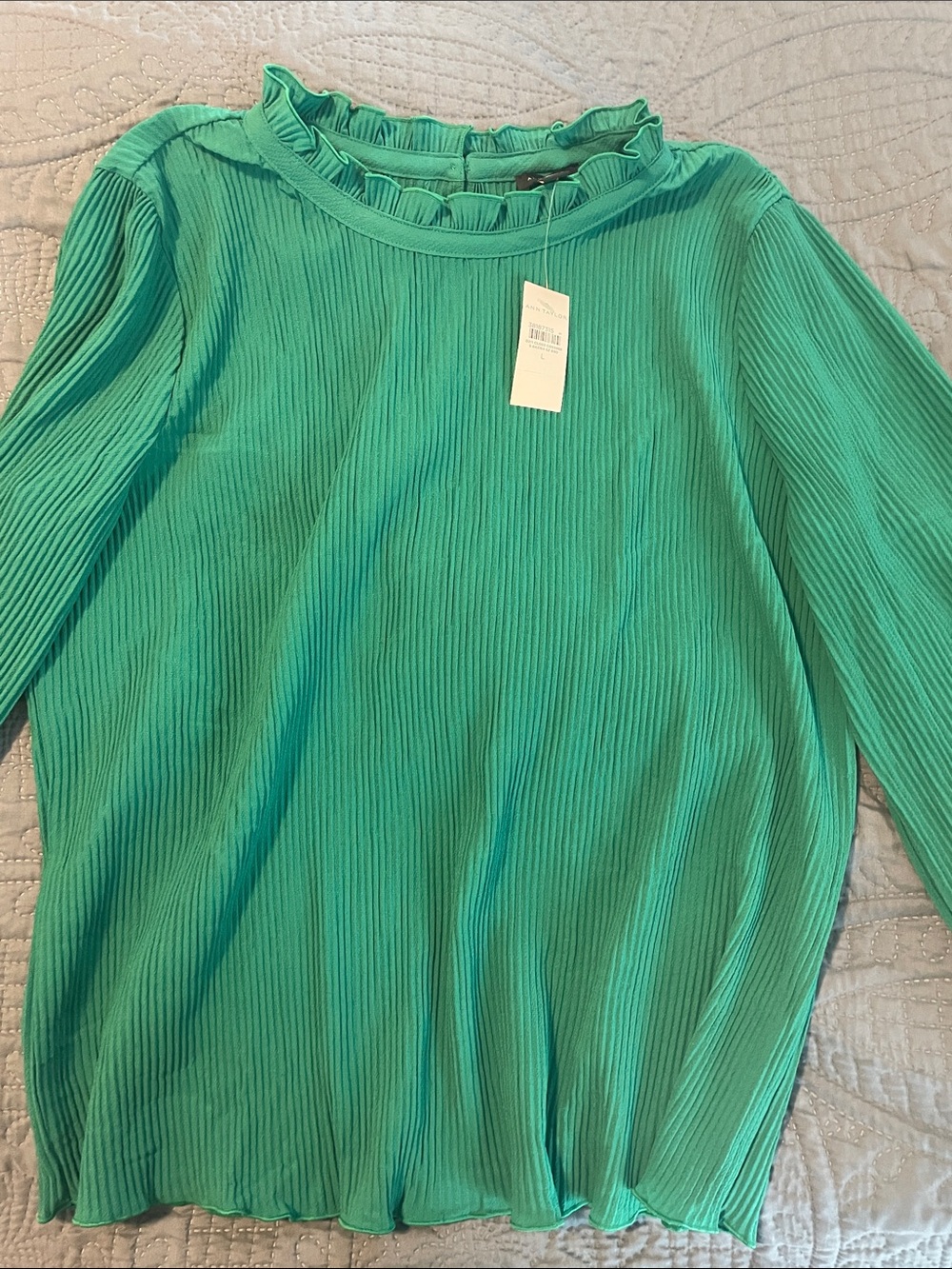 Ann Taylor Emerald Green Ribbed Ruffle-Neck Long Sleeve Top